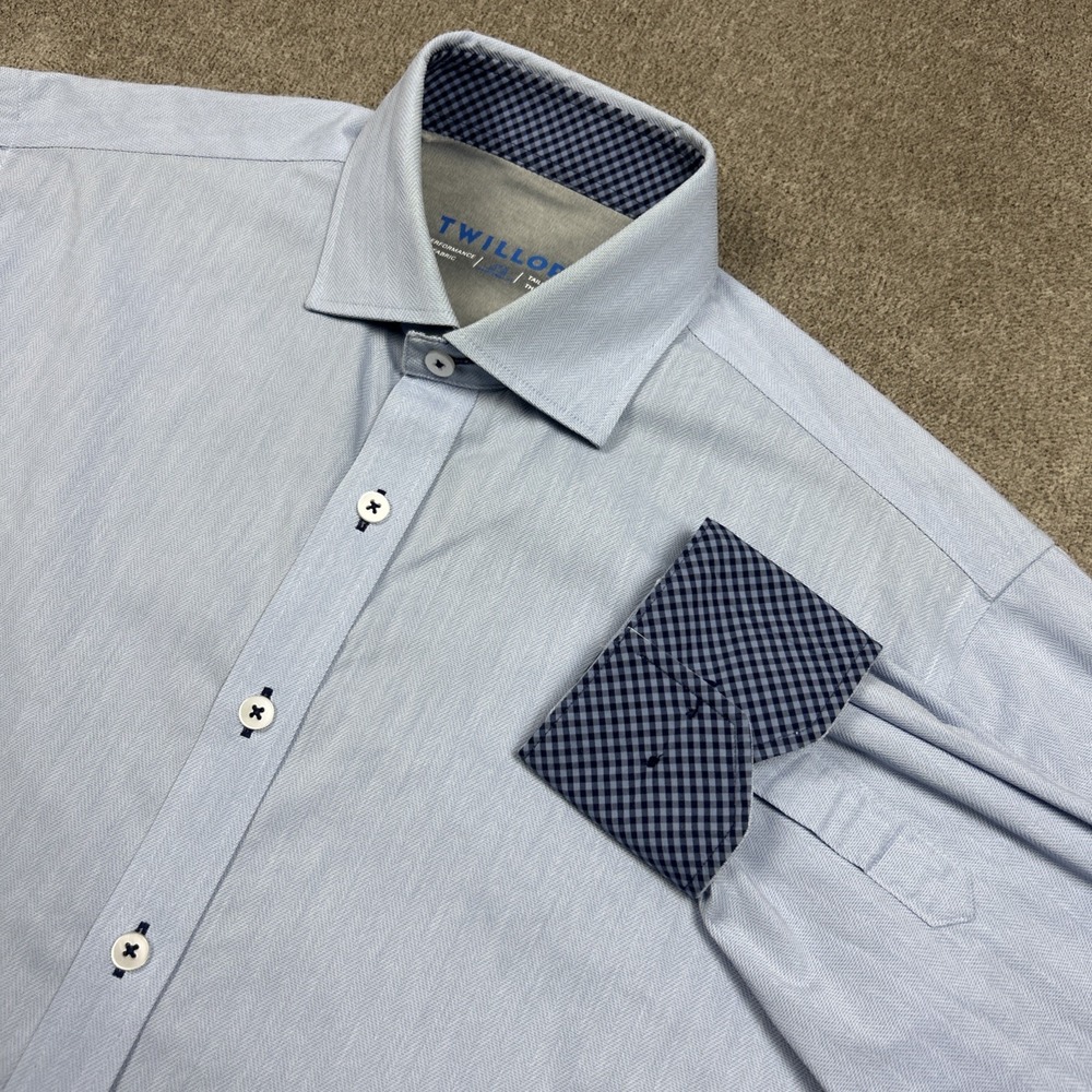 Twillory Performance Fabric Dress Shirt Mens 15.5 34/35 Trad. Blue Herringbone